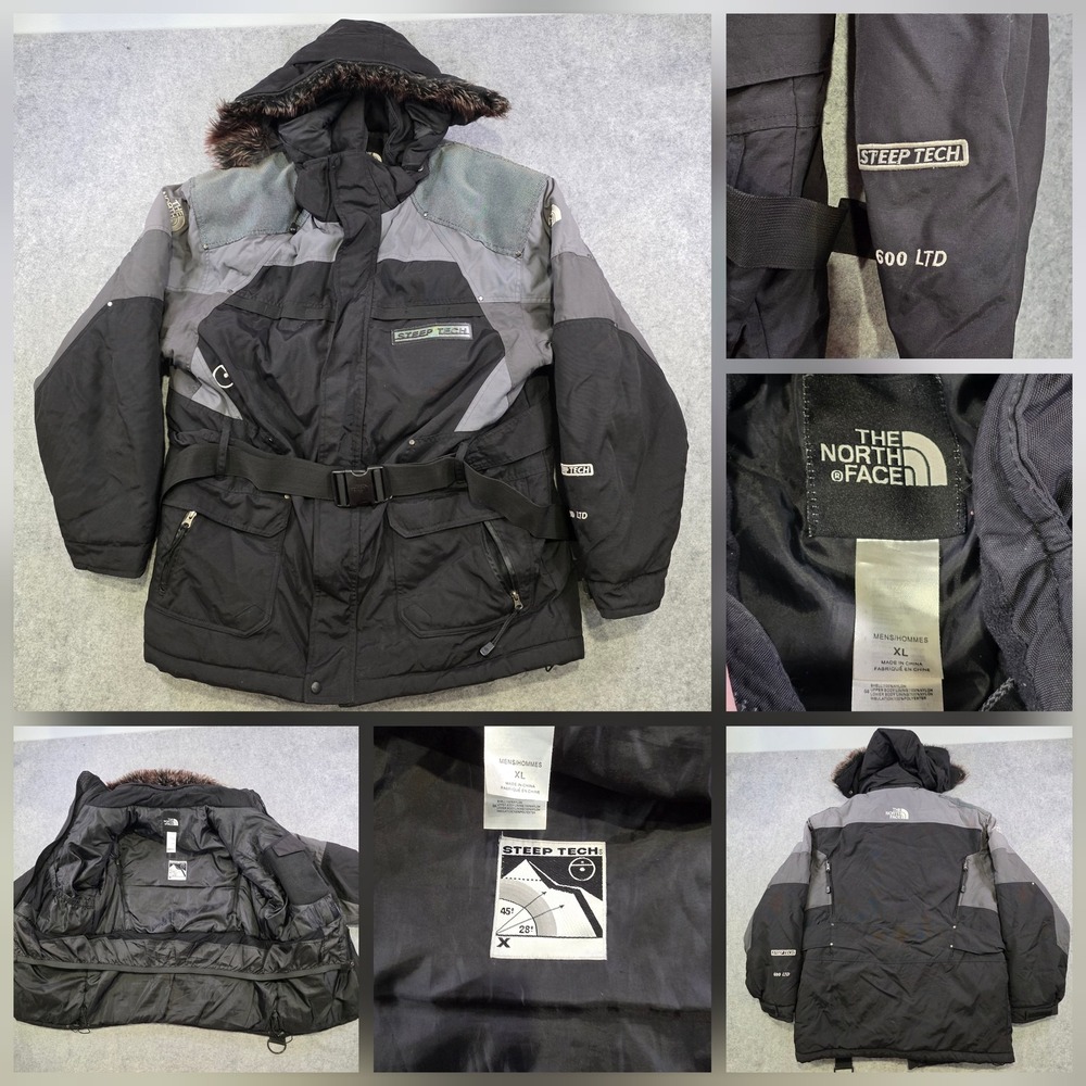 The North Face Steep Tech 600 LTD Jacket Mens XL Black Hooded Belted Ski Parka